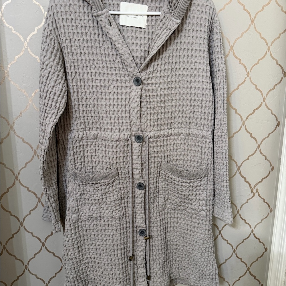 Light Gray Waffle-Knit Hooded Button Cardigan